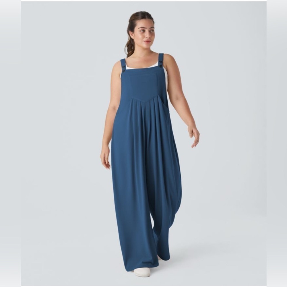 HALARA Sz XL Waffle Textured Pleated Front Pockets Jumpsuit Wide Leg
